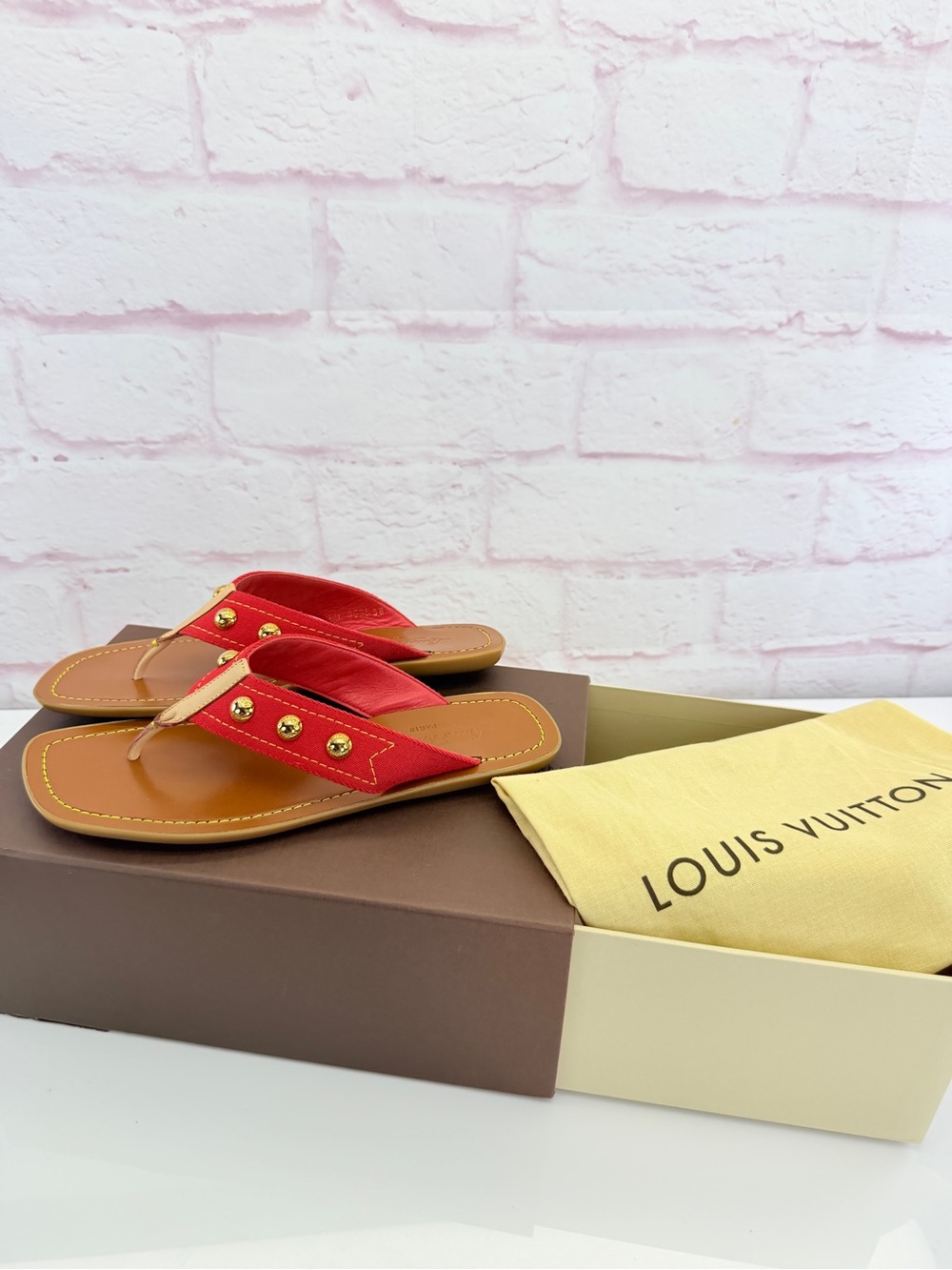 Louis Vuitton Sunny Red Studded Thong Sandals 38 - Picture 2 of 10